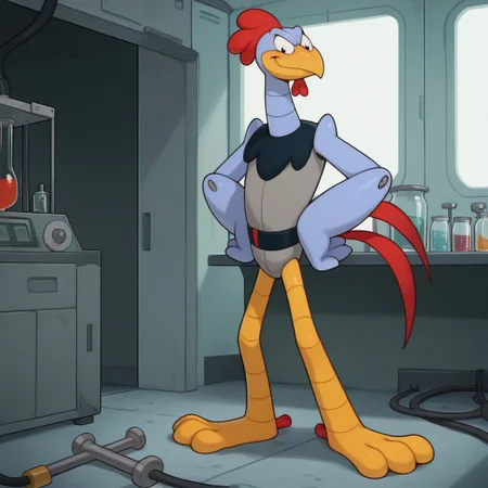 masterpiece, best quality, amazing quality, scr4tchson1c, male, furry male, solo, robotic, chicken, silver body, two-tone body, yellow beak, black eyes, wing-like arms, yellow legs, tailfeathers, 2 toes, screws, black collar, black belt, standing, smirk, hands on hips, indoors, laboratory
