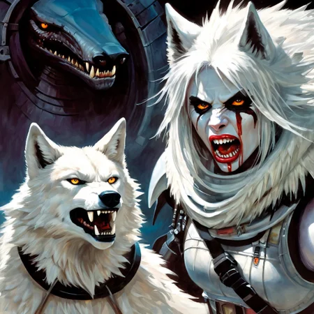 Photorealistic art of a wolf girl dressed in adventuring gear with a white wolf in the background, wisosdxl, wolf, snarl, snarling, intense gaze, tongue out, black, white, basilwolverton style, grotesque, spaghetti hair, bulging eyes, skin folds, veins, large teeth, bloodshot eyes, mad-stpk-ggls, mad-stpk-flcp, mad-stpk-ht, mad-mecharm, John Berkey Style page, KIRIGAMI page, linquivera, liiv1, g1g3r