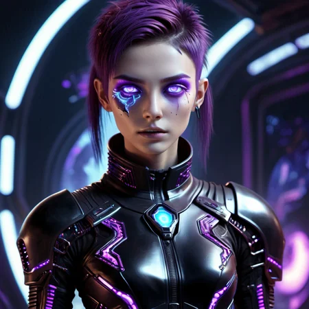 ((best quality)), ((masterpiece)), ((realistic,digital art)), (hyper detailed), DonM5yn1hXL female Galactic peacekeeper, , Eighteen, Ripped, Middle Easterner, Hazel eyes, edgy makeup , Dark Chestnut Shag haircut hair, Anticipation, Assumed position for advanced hand-to-hand combat., wearing Embroidered Moire RoyalPurple Bionic Leggings, Nano-fiber Long-sleeve Blouse, Graphene Ankle Strap Heels, , Haptic Feedback Earpiece and and, Gesturing in a non-verbal exchange with an extraterrestrial being., scifi, tech, futuristic, 8K, HDR <lora:DonM5yn1hXL-000014:1>