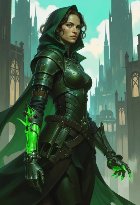 Frank Frazetta fantasy oil painting of beautiful young cyberpunk knight in medieval breastplate, glowing prosthetic, close up portrait of woman with a glowing green prosthetic arm and hand, she is walking through a city, w4rh4mm3r style oil painting, grimdark