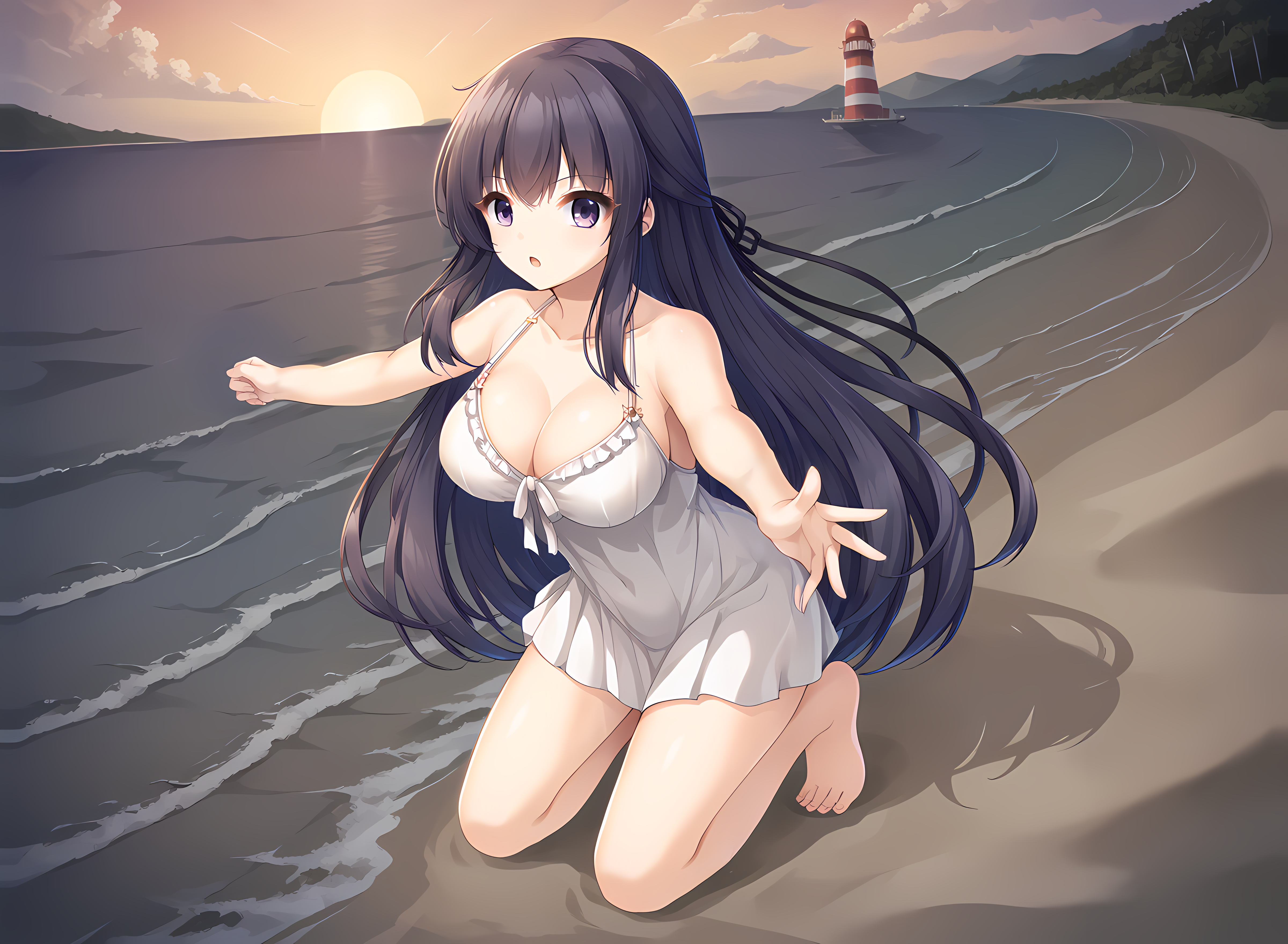 breasts,1girl,escude,kagami,purple eyes,large breasts,barefoot,full body,outdoors,beach,gravure,kneeling,idol,leaning forward,short sleeves,t-shirt,wet shirt,see-through clothes,bikini,sexually suggestive,reaching towards viewer,water,waves,lighthouse,sunset,sand,<lora:ESCUDE_-_Haisen_Shoujo_-_Kagami:0.9>,, score_9, score_8_up, score_7_up,source_anime,(masterpiece),(best quality),(ultra-detailed),(best illustration),(best shadow),(absurdres),(detailed background),(very aesthetic),source_anime