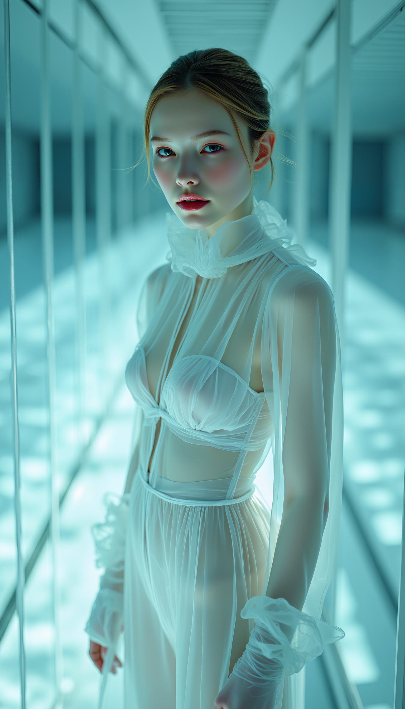 hyperrealistic editorial portrait of a translucent woman standing in a flooded glass corridor, reflections of soft blue water rippling across her skin. She wears a sculptural white outfit inspired by folded paper, minimalist yet experimental. Her eyes hold a quiet sense of memory, like someone who has forgotten something beautiful. Cinematic rim lighting cuts through the refracted water, textures shimmer on her cheekbones like light through a prism. Clean, fragile, avant-garde. Studio-fashion hybrid aesthetic with poetic spatial emptiness, fashion magazine cover, captured in a flux of time and silence,  mwv7_alpha_v01, <lora:Midjourney_Whisper_V7_alpha_v01:1>,