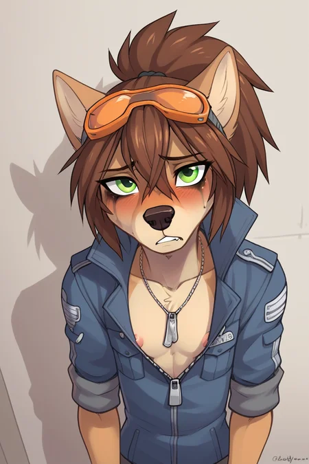 score_9, score_8_up,
source_furry, rating_explicit,
<lora:Wendy_Wolfy-Nail:0.8> w3ndywn, 1girl, female wolf, hair between eyes, blue jacket outfit, spiked hair, green eyes, orange (goggles), animal ears, wolf ears, fingerless gloves, brown hair, blush, black nose, ponytail,
skinny, flat chest,
dynamic angle,
portrait,
downblouse,
(sad, depressed),
ruined makeup,
skinny,
flat chested,
cleavage, nipples,
military dog tags,