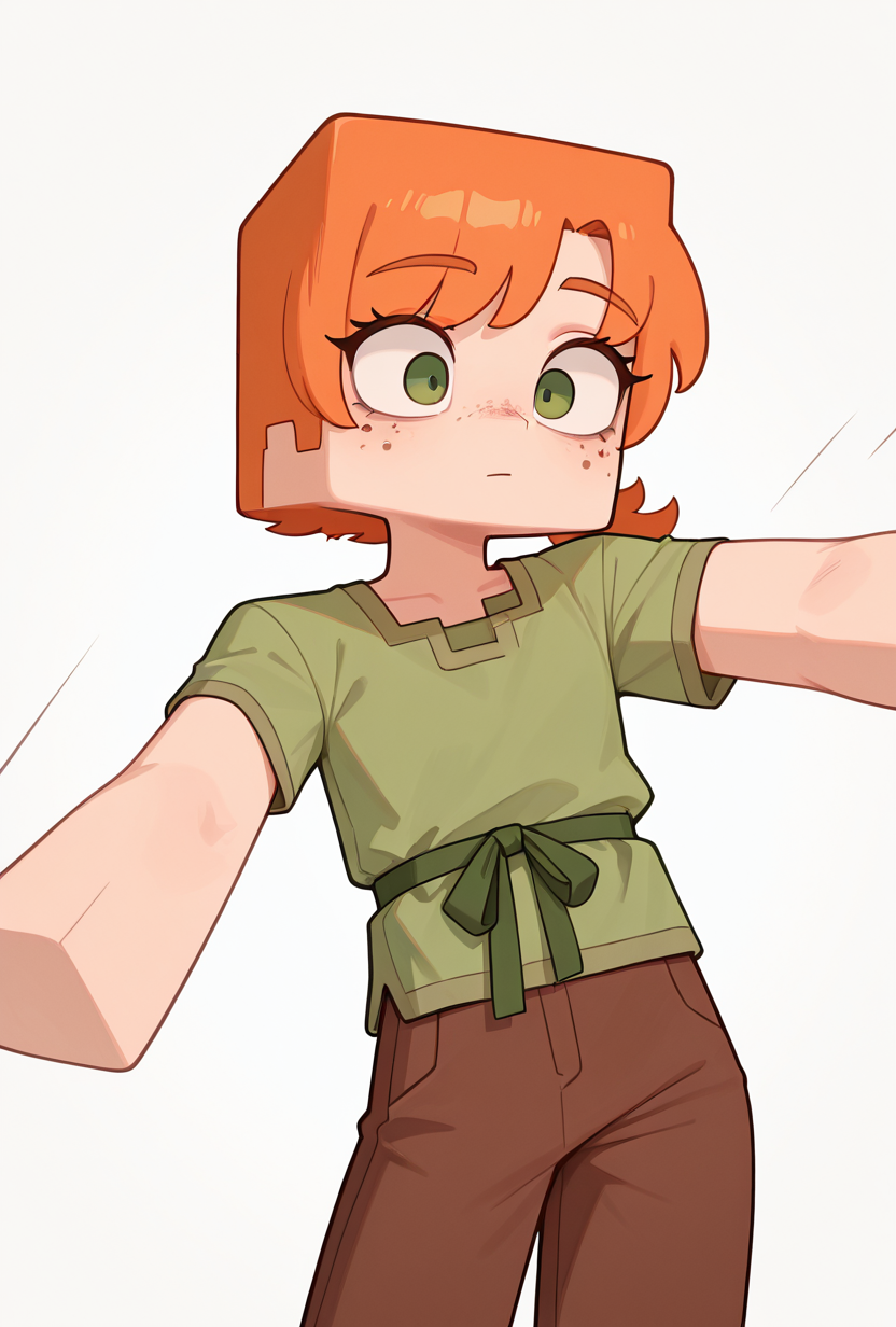 <lora:alexmc-10:1> alexmc, orange hair, 1girl, solo, green eyes, long green shirt, brown pants, short sleeves, freckles, square arms, square body, green waist ribbon, dynamic pose,, masterpiece, best quality, amazing quality, very aesthetic, absurdres, newest,