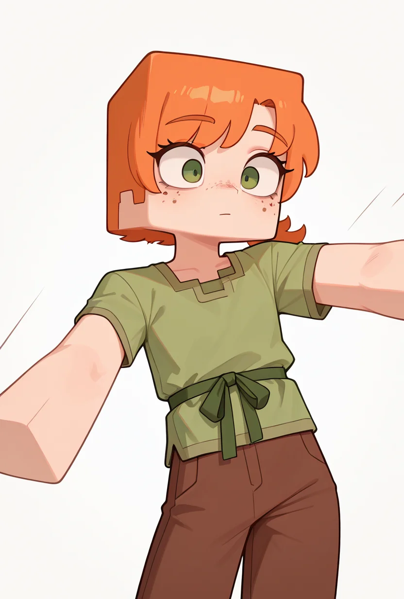 <lora:alexmc-10:1> alexmc, orange hair, 1girl, solo, green eyes, long green shirt, brown pants, short sleeves, freckles, square arms, square body, green waist ribbon, dynamic pose,, masterpiece, best quality, amazing quality, very aesthetic, absurdres, newest,