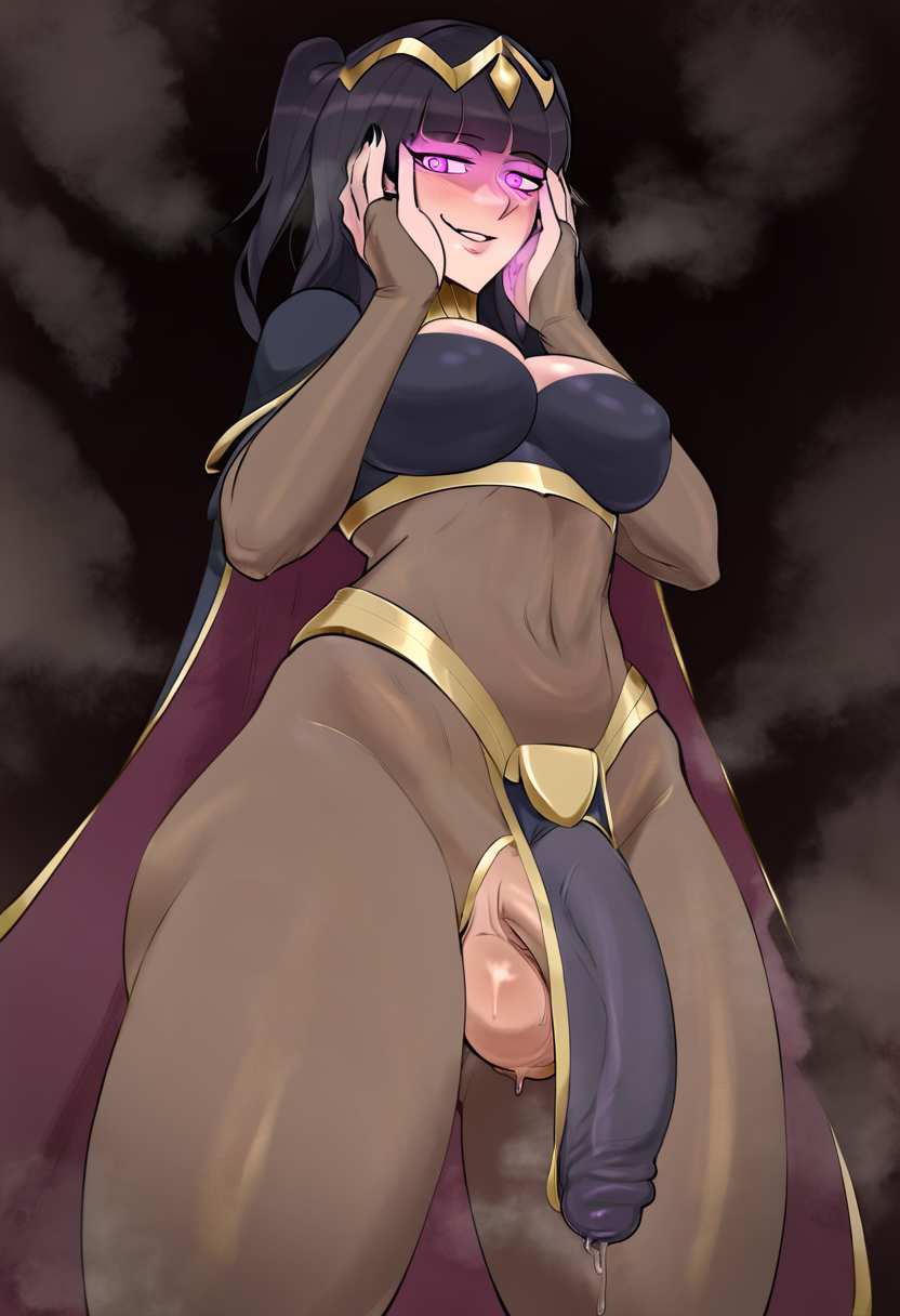 <lora:Dama_Shipwreck_Style_PONY:1>, tharja \(fire emblem\), pelvic curtain, flaccid, huge penis, from below, yandere, hands on own face, dark background, steam, heavy breathing, glowing eyes, purple eyes, penis peek, from side, naughty face, grey bodysuit, cape, precum through clothes, pelvic curtain aside, covered penis