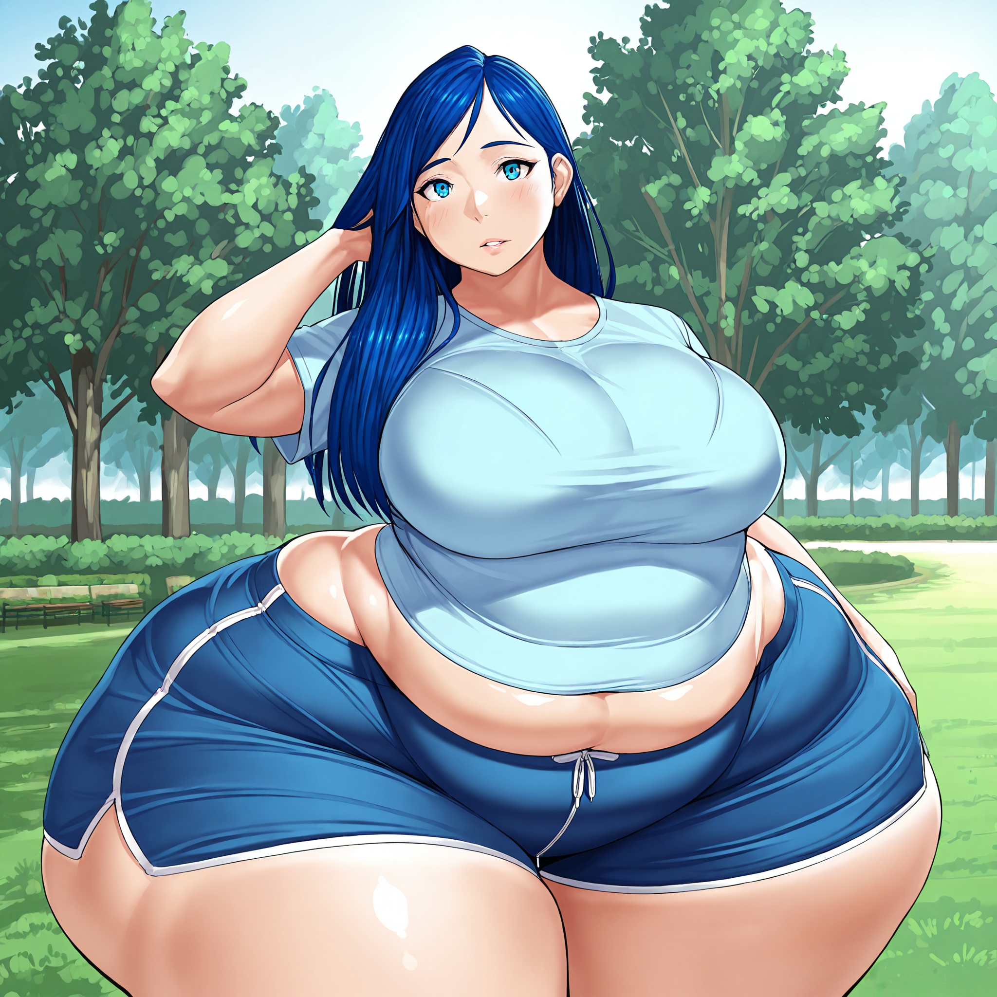 (masterpiece), best quality, (highly detailed), 1female, solo, <lora:Toroboro_Illustrious:0.8>, massive hips, gigantic thighs, shorts, tshirt, blue hair, long hair, blue eyes, park, fat,