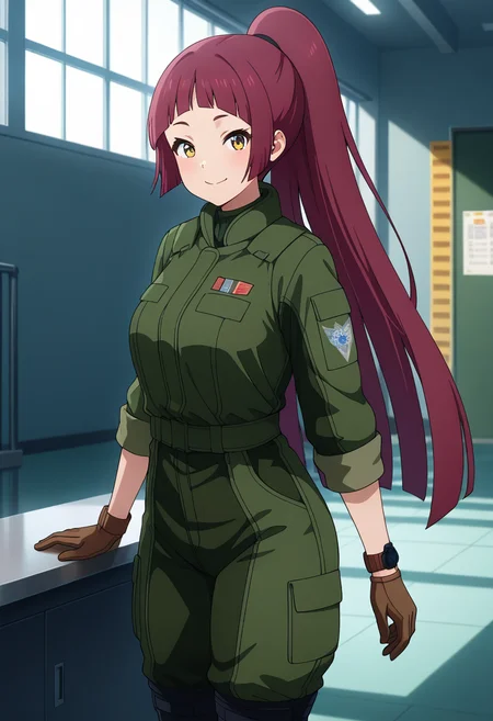 masterpiece, best quality, amazing quality, 1girl, solo, cowboy shot, akiraww, yellow eyes, red hair, long hair, ponytail, blunt bangs, military uniform, green jumpsuit, wristwatch, brown gloves, black boots, looking at viewer, smile, indoors, day, skindentation, detailed clothing folds, depth of field, sharp, high contrast, dynamic light <lora:Mishima_Akira_Bravern_ill:0.9>