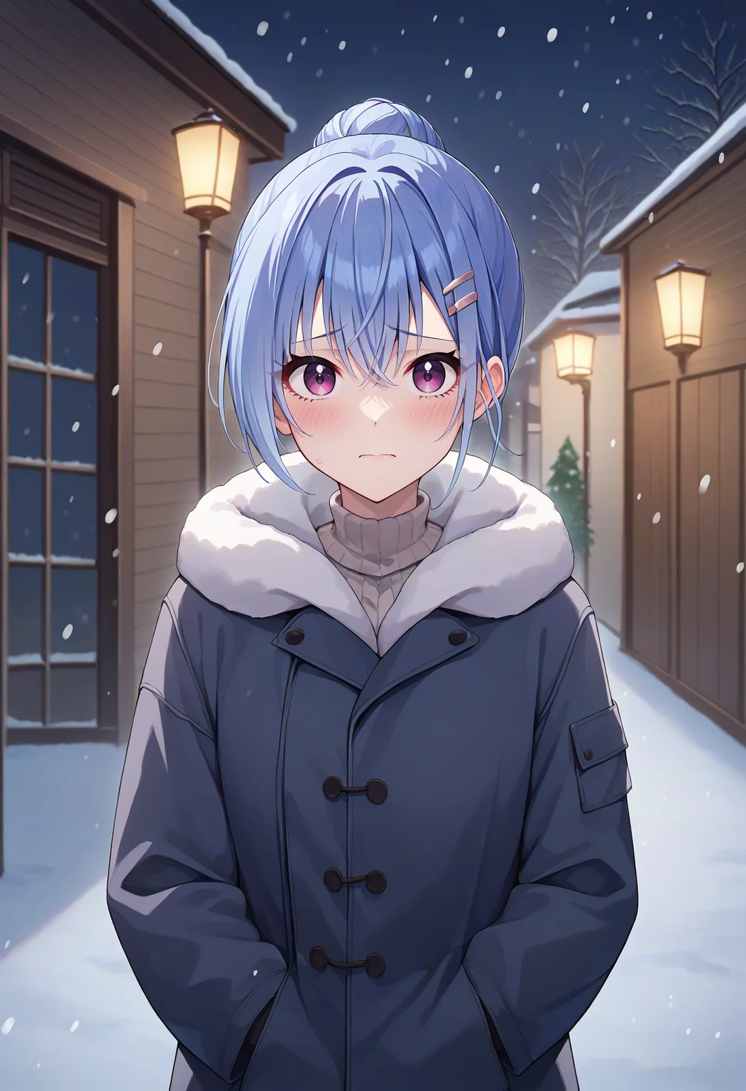 score_9, score_8_up, score_7_up, source_anime, 1girl, suzuki hana, blue hair, single hair bun, hairclip, purple eyes, winter clothes, coat, looking at viewer, embarrassed, night, outdoors, snowing <lora:brj-hana-pony-v0.5:1>