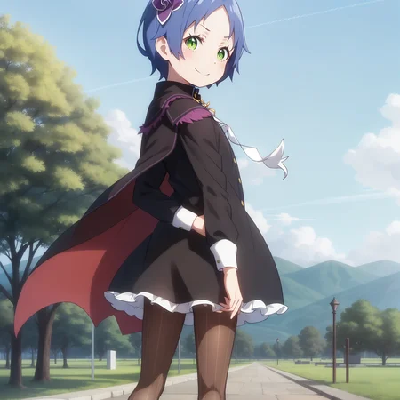 <lora:Meili-000060:1>,
anime screencap,
1girl, solo, hair ornament, pantyhose, green eyes, blue hair, smile, boots, cape, short hair, striped pantyhose, striped, black dress, sky, looking at viewer, white necktie,flat chest,
from behind, looking back, standing,