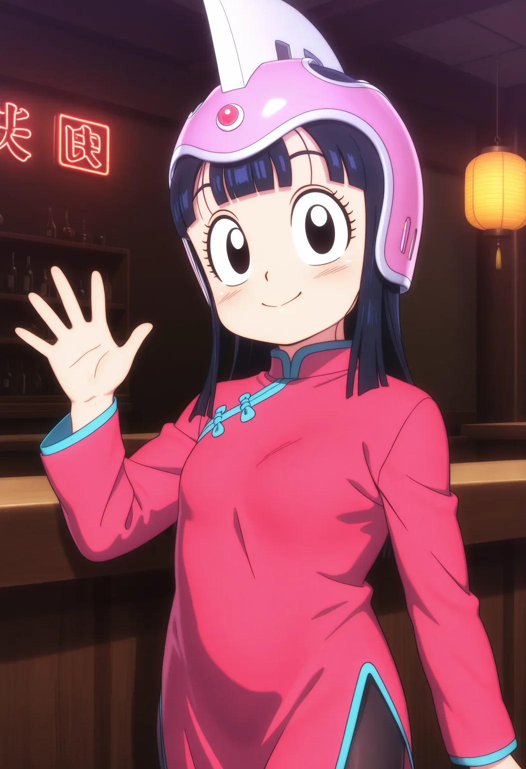 1girl, chi-chi \(dragon ball\), black hair, long hair, black eyes, red china dress, long sleeves, black pantyhose, pink helmet,
little smile, closed mouth, looking at viewer, (sideways glance:0.8) , standing, cowboy shot, hand up, waving, general,
indoors, bar, dark background, dark, neon lights,
masterpiece, best quality, ultra-detailed, very aesthetic, illustration, perfect composition, intricate details, absurdres, official art, official style, source_anime, anime screencap, anime coloring, newest, intricate, hires textures, high detail, 4k, incredibly detailed, perfect anatomy, UHD, 8K,
| <lora:DB-chichi(yawaniku)_XL(ill01)v10d:1>