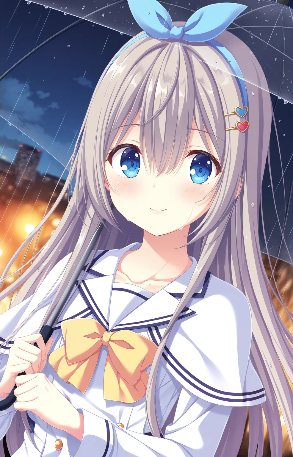 realistic, (high_resolusion, (8K:1.5),incredibly_absurdres,masterpiece, best quality, highres, newest, scenery, 1girl, solo, official style,best perspective,depth of field, very_aesthetic, best_quality ,high_resolusion, 8K,crisp quality, ultra detailed,perfect anatomy,anime screencap,EasyNegativeV2, <lora:Sagisawa_Arisu_Test:1>,1girl,Arisu, Uniform Arisu, very long hair, grey hair, blue eyes, bangs, hair between eyes, hairclip, heart hairclip, blue_hairband, hair ornament, school uniform,long sleeves,white uniform, dark_blue_low_hair_bow, sailor uniform, white sailor collar, blue trim, double-breasted uniform, gold buttons, white skirt, pleated skirt, white thighhighs, light_blue_bow_thighhighs, (yellow_chest_ribbon:1.3),
1girl, solo,rain, umbrella, long hair, smile, (upper body:1.8), night, holding, looking at viewer, outdoors, bangs, holding umbrella, lamppost, long sleeves, closed mouth,blurry, sky, building, blurry background, night sky, depth of field, city, (dark:1.8), monochrome, light blush, , cloud,happy, transparent umbrella, black umbrella,wet hair, (close-up:1.8),japan,urban,cityscape,tareme,tokyo_(city),solo,young girl,light smile,(dusk:1.5),no humans,dutch angle,shadow
