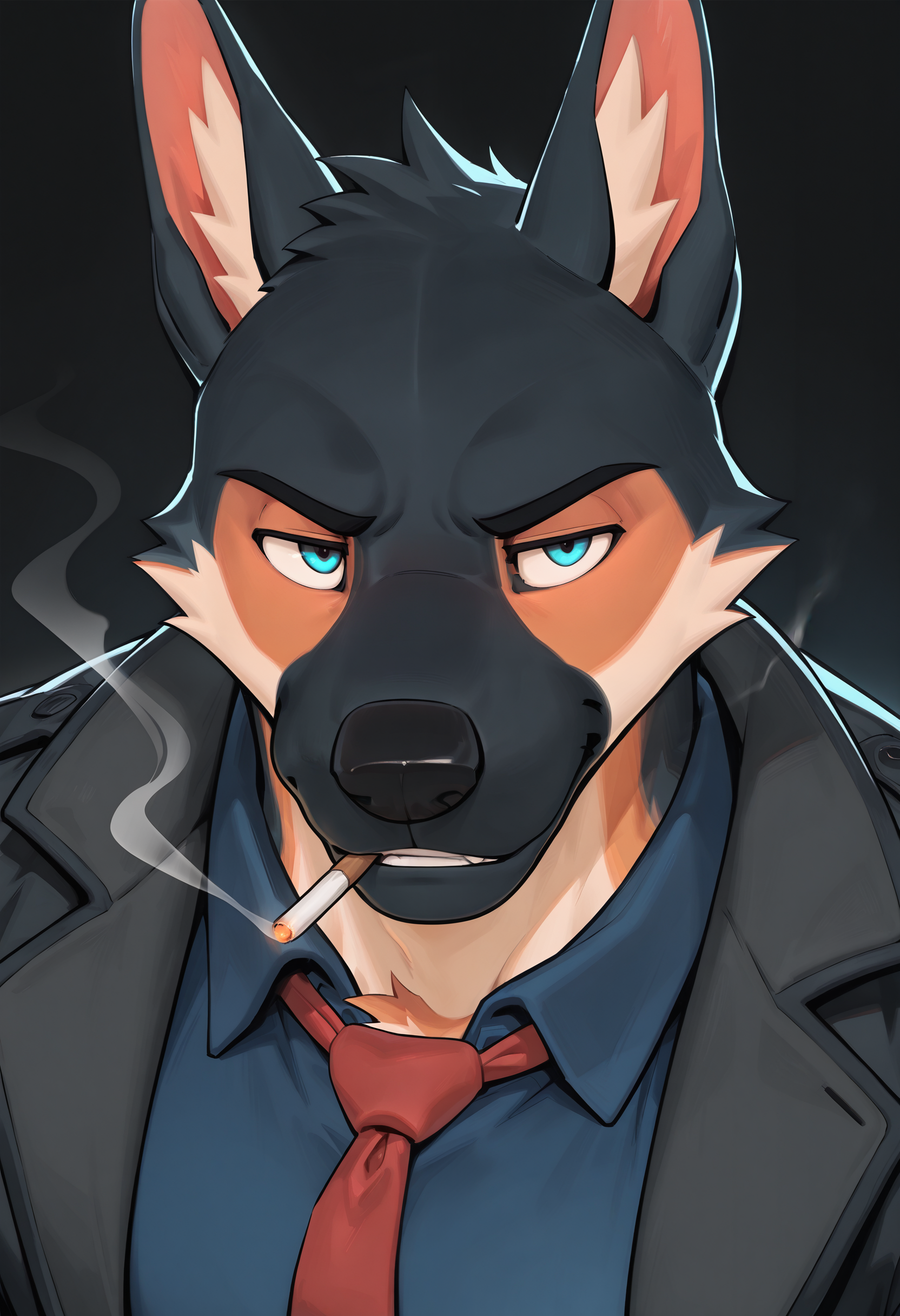 best quality, newest, absurdres, highres, (masterwork, masterpiece, best quality, hyper-detailed :1.3), anthro only, furry only,

1boy, solo,

 barlitz, dog boy, black jacket,blue shirt, red tie, smoking, face_focus, 

