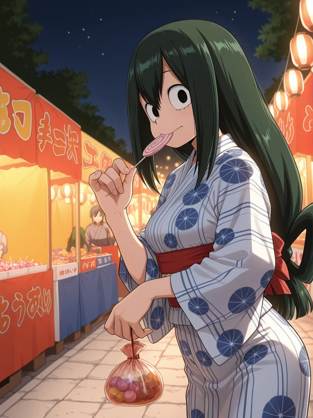 masterpiece, best quality, amazing quality, 1girl, solo, <lora:IlluTsuyu:1> illutsuyu, long hair, black hair, green hair, low-tied long hair, black eyes, japanese clothes, yukata, smile, festival, night, outdoors, food, candy, food in mouth,