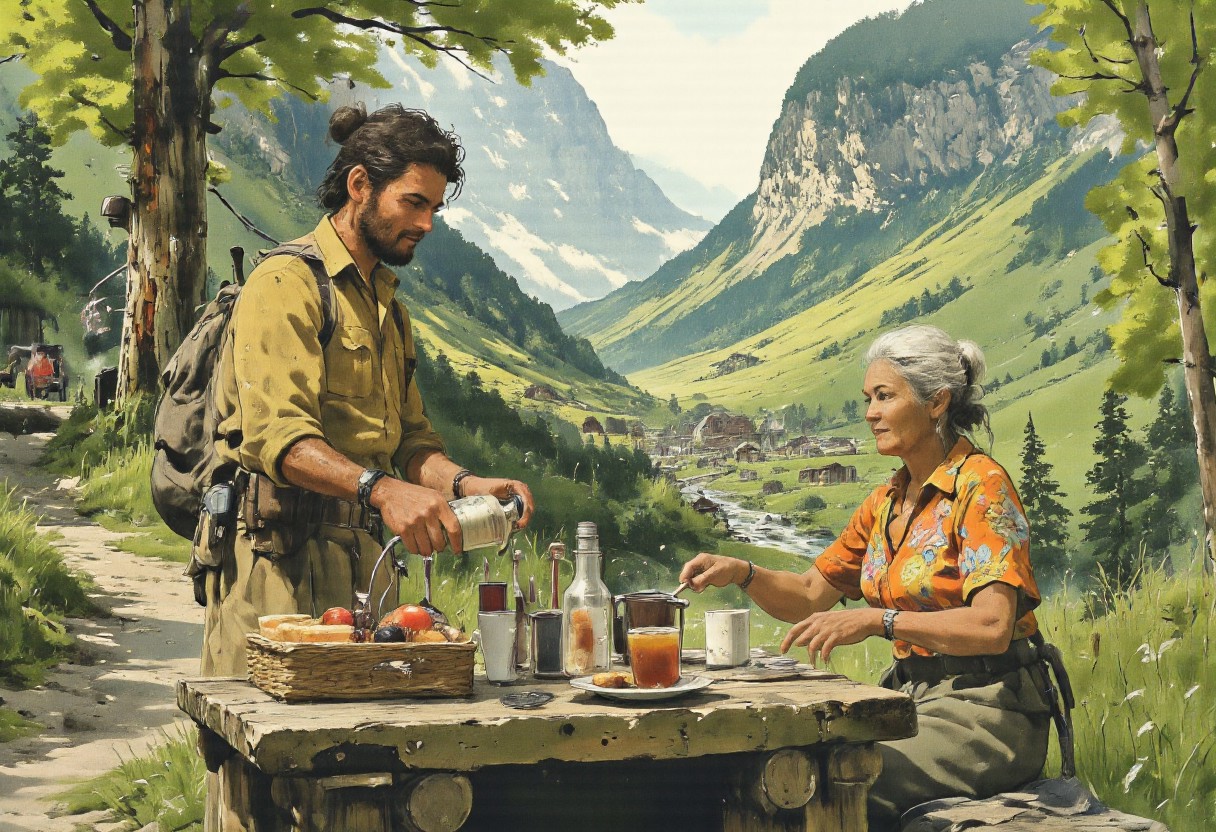 A young man in his early thirties, casually dressed in hiking gear, pausing alongside a serene mountain trail at midday. He has a gentle smile on his face as he assists his elderly grandmother, who is elegantly dressed in a vibrant floral blouse and comfortable slacks, to sit down on a weathered wooden bench. The bench is nestled against the backdrop of a lush green forest, with dappled sunlight filtering through the canopy above to cast a warm glow upon them. To their right, a picturesque view unfolds of the valley below, where a quaint village rests with a lazy river winding its way through fields of gold. They have a small picnic basket open before them, filled with sandwiches, fresh fruit, and a thermos of tea, which the man is in the process of pouring into two mugs. The grandmother, with her silver hair tied back in a loose bun and a walking stick by her side, looks up at her grandson with a look of both admiration and amusement as he meticulously arranges the food. Their bond is palpable, a silent conversation of love and shared memories passing between them. The surrounding nature is vivid and alive, with birds chirping and a soft breeze playing with the leaves. The moment is filled with a sense of tranquility and nostalgia, capturing the beauty of intergenerational companionship amidst the grandeur of the outdoors.