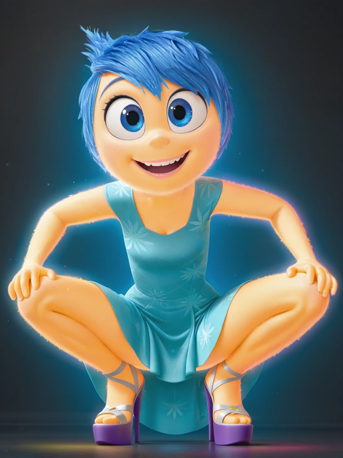 <lora:JoyIL:0.7> j_o_y, 1 girl, blue hair, dress, short hair, glowing skin,
looking at viewer, squatting, front view, spreading legs, platform high heels