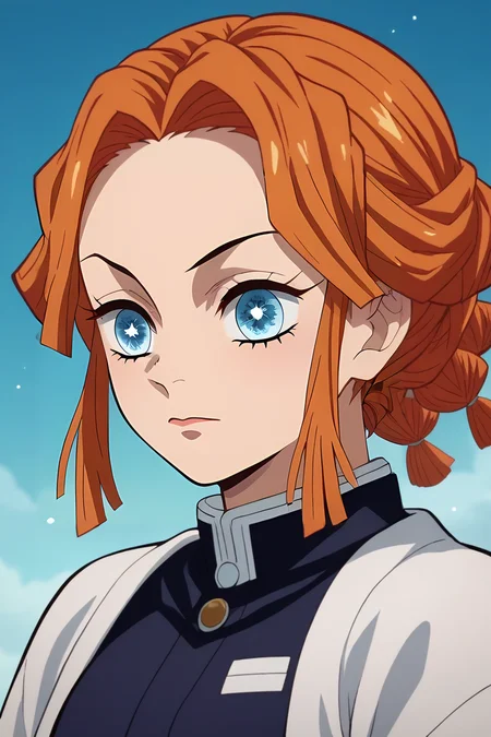 score_9, score_8_up, score_7_up, source_anime, , anime screencap, anime coloring, , , upper body, , 1girl, ice blue eyes, copper hair,, solo, cosmic, <lora:kimetsu_no_yaiba_style_pony:0.8>, kimetsu_no_yaiba_style, <lora:sdxl_lightning_8step_lora:1>,