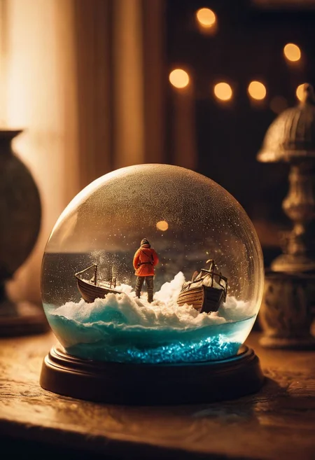 cinematic still, A snow globe with shipwrecked man calling for help inside of it on a table, large waves, best quality, highly detailed <lora:MoreArtFull_v1:0.8>, a fire place in the background, warm lightning, emotional, harmonious, vignette, highly detailed, high budget, bokeh, cinemascope, moody, epic, gorgeous, film grain, grainy