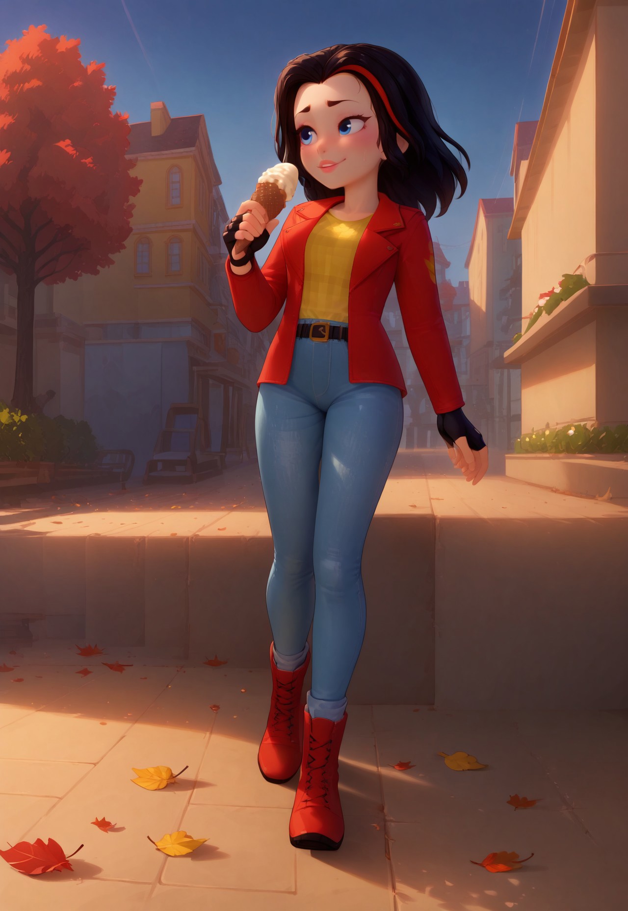 score_9, score_8_up, score_7_up, source_anime, Expressiveh, solo, looking away, blush, vicky_legofriends, black hair, streaked hair, jeans, fingerless gloves, red jacket, yellow shirt, boots, belt, smile, closeup, cinematic, falling leaves, dusk, park, holding an Ice cream, dynamic angle, walking,