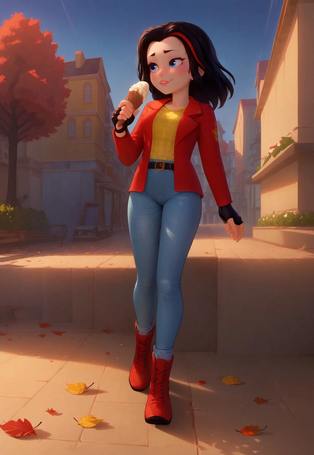 score_9, score_8_up, score_7_up, source_anime, Expressiveh, solo, looking away, blush, vicky_legofriends, black hair, streaked hair, jeans, fingerless gloves, red jacket, yellow shirt, boots, belt, smile, closeup, cinematic, falling leaves, dusk, park, holding an Ice cream, dynamic angle, walking,