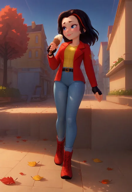 score_9, score_8_up, score_7_up, source_anime, Expressiveh, solo, looking away, blush, vicky_legofriends, black hair, streaked hair, jeans, fingerless gloves, red jacket, yellow shirt, boots, belt, smile, closeup, cinematic, falling leaves, dusk, park, holding an Ice cream, dynamic angle, walking,