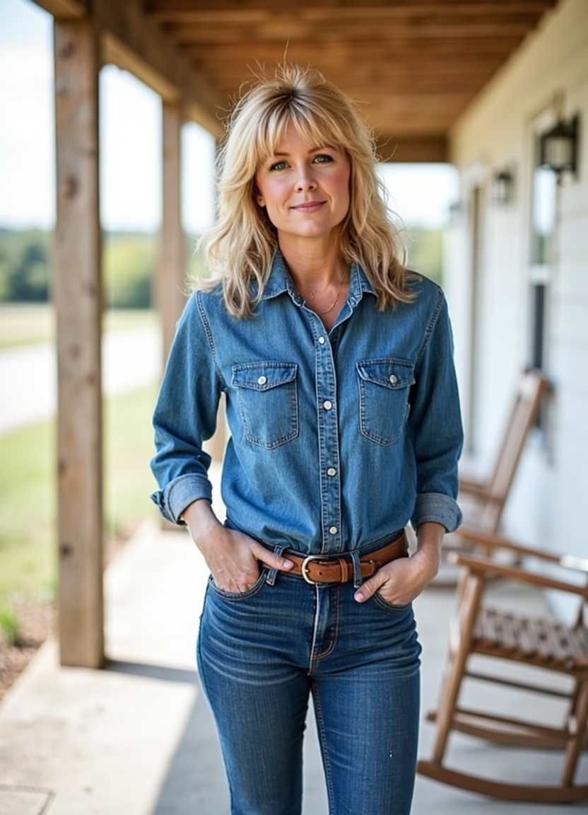 SFW, brightly lit, young, The image is a portrait of a woman standing on a porch with a wooden pergola. She is wearing a denim shirt with a button-down collar and blue jeans. She has a brown belt around her waist and her hands are in her pockets. The woman has blonde hair styled in loose waves and is looking off to the side with a slight smile on her face. In the background, there is a wooden rocking chair and a white wall with a window. The sky is blue and the grass is green, suggesting that the photo was taken during the day., aidmaimageupgrader<lora:flux\custom\celebrity\lisa-hartman.safetensors:1.0:1.0> <lora:turbo-8-step-flux.safetensors:0.5:0.5> <lora:flux\style\Common\aidmaImageUprader-FLUX-v0.3.safetensors:0.25:0.25>
