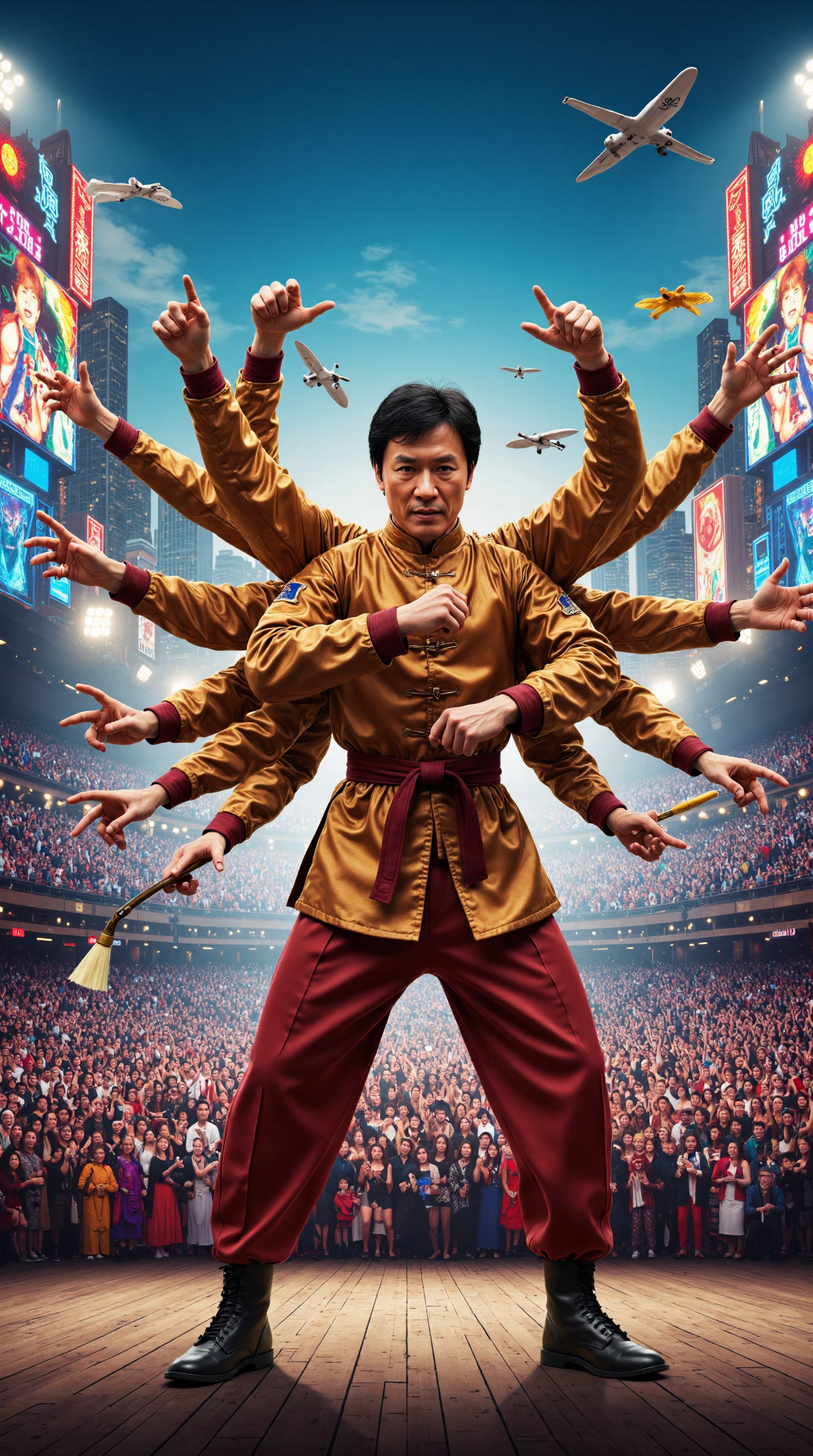 A photoreal, realistic photo of A martial artist with manymany arms, each arm dressed in a different outfit inspired by Jackie Chan's iconic movie characters, such as a suit from Rush Hour, a uniform from Rumble in the Bronx, and a traditional Chinese garment from Shanghai Noon. The manymany arms are engaged in various dynamic poses, with one arm throwing a kick, another arm wielding a pair of nunchucks, and a third arm balancing on a ball. Some arms are holding props like umbrellas, bicycles, and ladders, showcasing the martial artist's signature blend of action and comedy. The arms are also interacting with each other, with one arm giving a high-five to another arm, while a third arm is making a funny face. The background is a stylized, futuristic cityscape with neon lights, towering skyscrapers, and flying cars zipping by, adding to the epic and cool atmosphere. The camera angle is low and wide, with the martial artist positioned at the center, emphasizing the manymany arms and their various activities. The lighting is vibrant and colorful, with flashes of light reflecting off the arms and props, creating a sense of energy and movement. 
The scene is set in a massive, open-air amphitheater in the heart of the city, with a massive screen behind the martial artist displaying a montage of Jackie Chan's most memorable movie moments. The amphitheater is filled with a cheering crowd, all dressed in outfits inspired by Jackie Chan's films, adding to the excitement and celebratory atmosphere.
The image is photorealistic and has cinematic vibes. Beautiful atmospheric lighting. Professional photography. <lora:ManyMany:1.0>