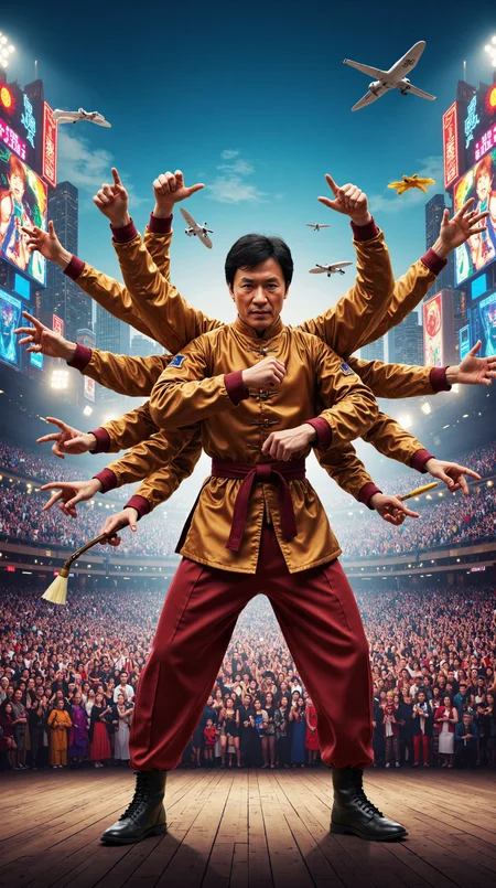 A photoreal, realistic photo of A martial artist with manymany arms, each arm dressed in a different outfit inspired by Jackie Chan's iconic movie characters, such as a suit from Rush Hour, a uniform from Rumble in the Bronx, and a traditional Chinese garment from Shanghai Noon. The manymany arms are engaged in various dynamic poses, with one arm throwing a kick, another arm wielding a pair of nunchucks, and a third arm balancing on a ball. Some arms are holding props like umbrellas, bicycles, and ladders, showcasing the martial artist's signature blend of action and comedy. The arms are also interacting with each other, with one arm giving a high-five to another arm, while a third arm is making a funny face. The background is a stylized, futuristic cityscape with neon lights, towering skyscrapers, and flying cars zipping by, adding to the epic and cool atmosphere. The camera angle is low and wide, with the martial artist positioned at the center, emphasizing the manymany arms and their various activities. The lighting is vibrant and colorful, with flashes of light reflecting off the arms and props, creating a sense of energy and movement.
The scene is set in a massive, open-air amphitheater in the heart of the city, with a massive screen behind the martial artist displaying a montage of Jackie Chan's most memorable movie moments. The amphitheater is filled with a cheering crowd, all dressed in outfits inspired by Jackie Chan's films, adding to the excitement and celebratory atmosphere.
The image is photorealistic and has cinematic vibes. Beautiful atmospheric lighting. Professional photography. <lora:ManyMany:1.0>