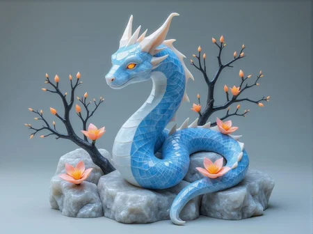 <lora:ck-polygon-gems-0019.safetensors:1> a crafted gemstone model in the style of cklg featuring a
In this digital illustration, the serpentine dragon is reimagined with a vibrant, glowing blue hue, its scales shimmering with a ethereal quality. The dragon's eyes, a glowing orange, stand out against its cool, lustrous body. Its form is adorned with soft, luminescent orange flowers, their delicate petals adding a touch of enchantment. These flowers are strategically placed along the dragon's spine and on the smooth, rounded rocks it coils around, creating a harmonious blend of nature and fantasy.
The twisted, leafless branches that wrap around the dragon add a mystical element, their dark, intricate silhouettes contrasting with the dragon's vibrant colors. Tiny, bright orange plants dot the rocks, their vibrant hues creating a rhythmic pattern that enhances the visual interest. The background is a smooth, muted gray, providing a soft, diffuse lighting that enhances the dragon's otherworldly glow without casting harsh shadows.
The overall composition is infused with a sense of lighthearted elegance and warmth, reminiscent of a cheerful and lively summer day. The flat colors, enhanced by subtle gradients, create a sense of depth and dimension, while the clean, smooth surfaces and moderate details maintain a balanced and visually pleasing aesthetic.