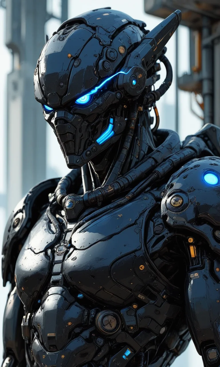 highly detailed CGI image of a futuristic armored character with a black intricate helmet and glowing blue eye set against a blurred industrial background., masterpiece, fine details, <lora:- iLL -PdJ_highres_counterweight _V1.0-step00007000:.8>, <lora:- iLL - the_edgy_mech_V2.0-step000013500:0.2> <lora:Illustrious:0.4>