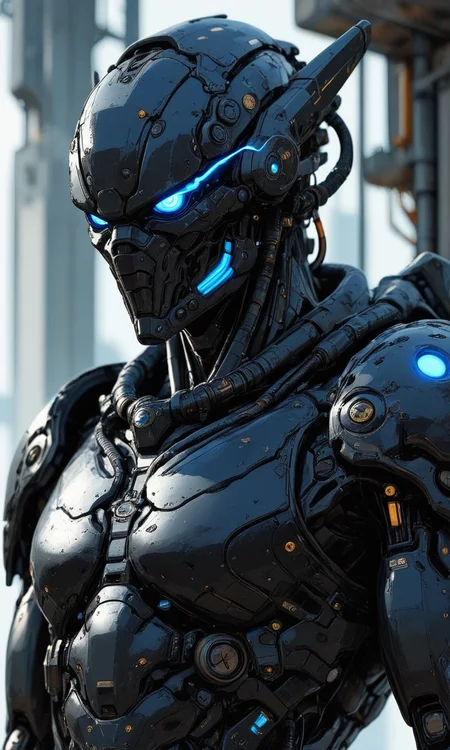 highly detailed CGI image of a futuristic armored character with a black intricate helmet and glowing blue eye set against a blurred industrial background., masterpiece, fine details, <lora:- iLL -PdJ_highres_counterweight _V1.0-step00007000:.8>, <lora:- iLL - the_edgy_mech_V2.0-step000013500:0.2> <lora:Illustrious:0.4>