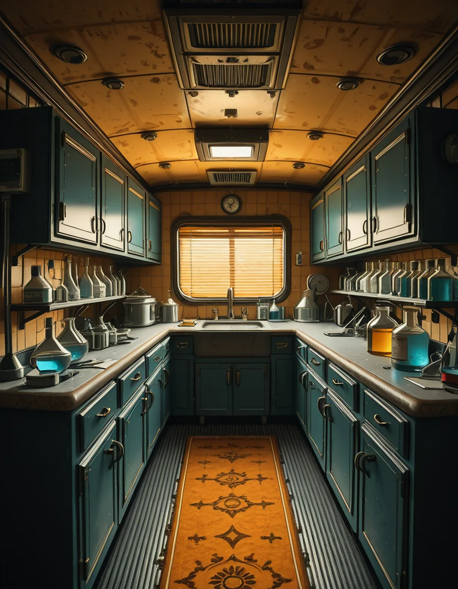 The interior of an old RV converted into a clandestine drug laboratory, inspired by the TV series Breaking Bad. The space is cramped and messy, filled with scientific equipment, glass beakers, flasks, burners, chemical containers, and lab tools scattered around. The walls are aged and stained, with peeling wallpaper and old metallic cabinets. A small sink area is cluttered with dirty lab glassware. The lighting is dim and tinted yellow, with sunlight barely filtering through dusty blinds. The floor is grimy, with a mix of rubber mats and worn carpet. The overall atmosphere is tense and gritty, capturing a sense of secrecy and danger. Hyper-realistic style, cinematic composition, rich in textures and shadows.
<lora:SDXLFaeTastic2400:0.4> <lora:extremely_detailed:0.4> extremely detailed,old RV drug l4b0r4t0ry, <lora:old_RV_drug_l4b0r4t0ry-i:1>, Masterpiece,best quality,hi res,8k,hi res,8k,award winning,(sharp focus, intricate, highly detailed),
