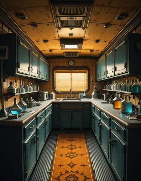 The interior of an old RV converted into a clandestine drug laboratory, inspired by the TV series Breaking Bad. The space is cramped and messy, filled with scientific equipment, glass beakers, flasks, burners, chemical containers, and lab tools scattered around. The walls are aged and stained, with peeling wallpaper and old metallic cabinets. A small sink area is cluttered with dirty lab glassware. The lighting is dim and tinted yellow, with sunlight barely filtering through dusty blinds. The floor is grimy, with a mix of rubber mats and worn carpet. The overall atmosphere is tense and gritty, capturing a sense of secrecy and danger. Hyper-realistic style, cinematic composition, rich in textures and shadows.
<lora:SDXLFaeTastic2400:0.4> <lora:extremely_detailed:0.4> extremely detailed,old RV drug l4b0r4t0ry, <lora:old_RV_drug_l4b0r4t0ry-i:1>, Masterpiece,best quality,hi res,8k,hi res,8k,award winning,(sharp focus, intricate, highly detailed),