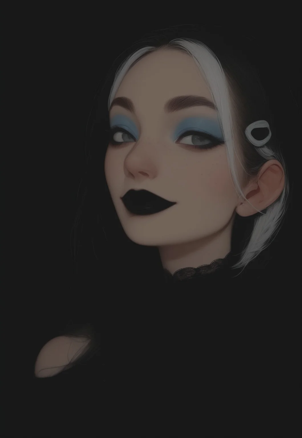 (Blend_in, black background), score_9, score_8_up, score_7_up, masterpiece, best quality, absurdres, vibrant, highly detailed, very aesthetic, sidelightning, (portrait, close-up, focus on face), 1girl, Ally, beautiful, flawless, perfect face, grey eyes, (goth girl, black lace outfit, black low cut silk blouse, lace-trimmed clothes), bare shoulders, goth outfit, hair clips, black hair with white highlights, freckles, blue eyeshadow, black lipstick, smile, looking at viewer