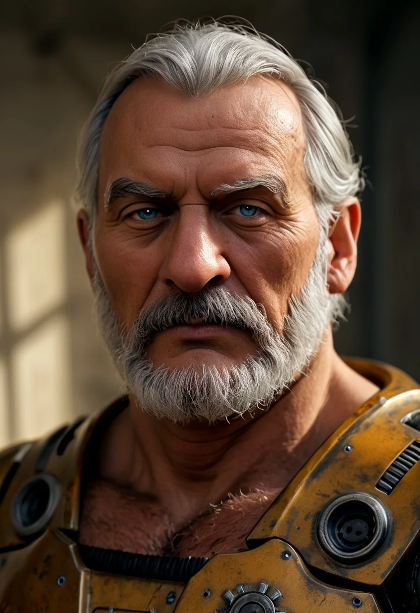 realistic, closeup portrait, face portrait, focus on face, seen from the side, volumetric light rays, natural light, alone, solo, relaxed cute pose, arm resting on leg, old granddad, old man, grandpa, tanned skin, strong tan, pubic-hair, small flat crooked down nose, bushy eyebrows, hairy chest, chesthair, strong manly round chubby face, deep blue eyes, (charming, handsome, sensual, arrogant, challenging), wearing cybernetic armor, cybernetic bodysuit, cyberpunkt accessoires