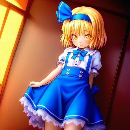 <lora:alice98ILL:1>,1girl,alice98,blonde_hair,yellow eyes,short hair,blue_hairband,hair_ribbon,blue_bow,bow,clothes,frills,shirt,sleeve,short_sleeves,suspenders,suspender skirt,, masterpiece, best quality, amazing quality, newest