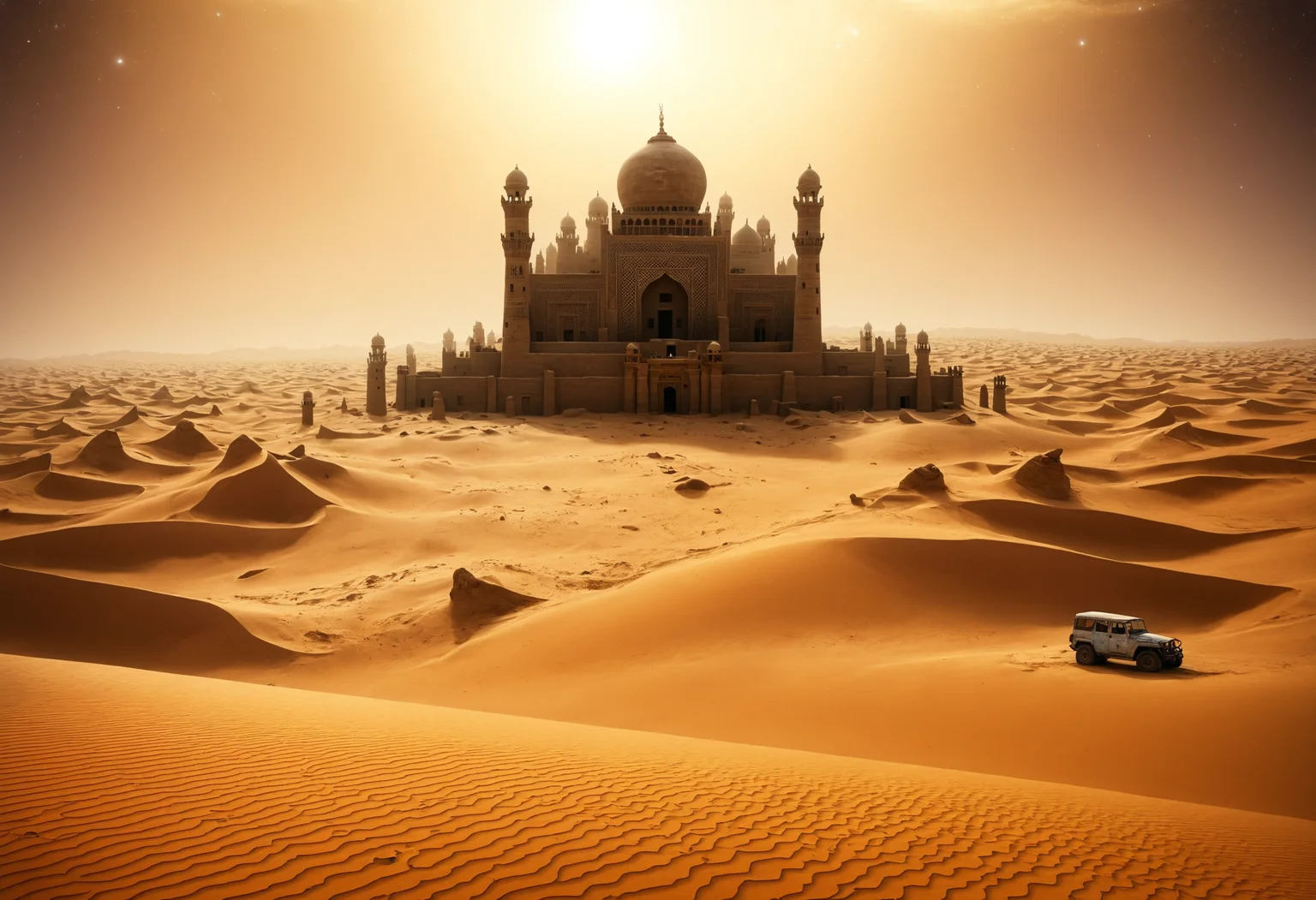 Imagine an ancient city, once a hub of civilization, now buried beneath the desert sands underneath a starry sky. The tips of ornate spires and a half-exposed palace dome are all that remain above the dunes. Wind-swept sands drift across hieroglyphs and bas-reliefs, slowly erasing the stories of a bygone era. Occasionally, treasure hunters and archaeologists unearth artifacts, briefly bringing glimpses of a rich past back to light before the desert reclaims them <lora:dvr-lnds-sdxl:0.8> dvr-lnds-sdxl