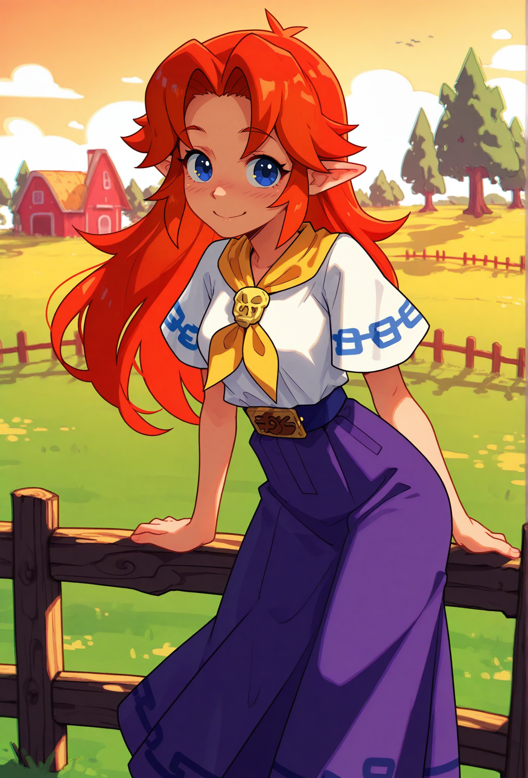 masterpiece,best quality,amazing quality, <lora:groovy_smooth_style_illustrious_v1f:1> groovysmoothstyle, (chromatic aberration:1.1), 1girl, malon, long hair, smile, looking at viewer, BREAK
farm, field, sunset, wooden fence, tree shade, leaning, white shirt, short sleeves, yellow neckerchief, purple skirt, long skirt