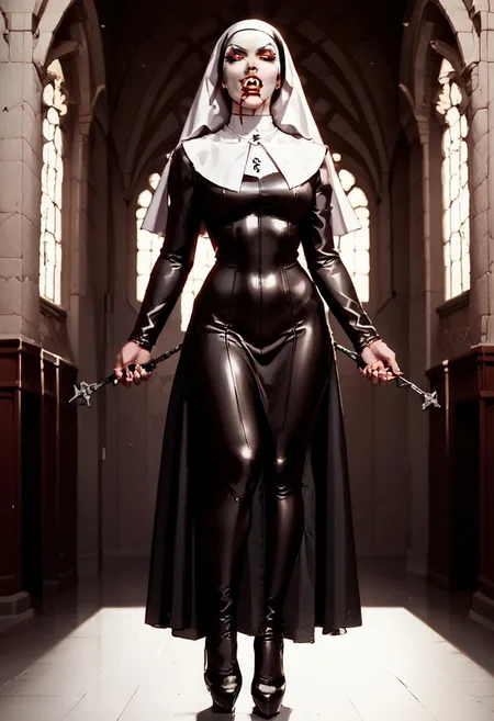 (score_9, score_8_up, score_7_up) vampire nun on girl, high quality, full-length, full body portrait, head to toe, of a vampire nun wearing tight shiny black and white latex habit, black heels, black dress,dress, skintight covering her upper body, split up the side to show off her toned legs, toned body, beautiful face, seductive smile, showing her two long vampire fangs, f4ng, small fangs, fangs, blood red lips, very pale white skin, (vampire_seductress, 2_vampire_fangs, red eyes), the vampire nun is standing behind a young woman, biting her neck, vmprbt, inside a church, dark, night, fangs, seductive pose, handfixer