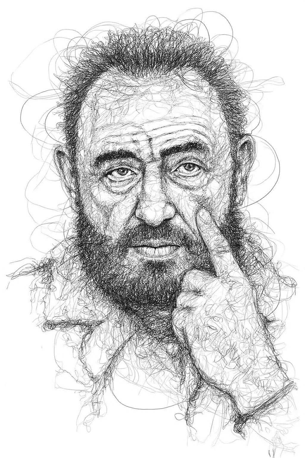 drawing of Fidel Castro, depicted with a thick, bushy beard and mustache. He has deep-set, expressive eyes and a furrowed brow. His right hand is raised to his face, with his fingers touching his cheek. <lora:scribble1_nbm_d6a3:1.0><lora:822533619546568936:0>