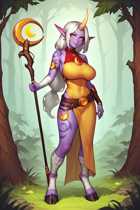 score_9, score_8_up, score_7_up, score_6_up, score_5_up, score_4_up, SorakaLoLXL, white hair, long hair, yellow eyes, pointy ears, single horn, body_tattoos, colored skin, (purple skin:1.2), large breasts, (red cropped torso), yellow dress, belt, bare shoulders, bandaged arm, bandaged leg, hooves, goat hooves, crescent moon staff, jewelry, standing, full body, seductive smile, looking at viewer, forest <lora:SorakaLoLXL - by KillerUwU13_AI:0.7>