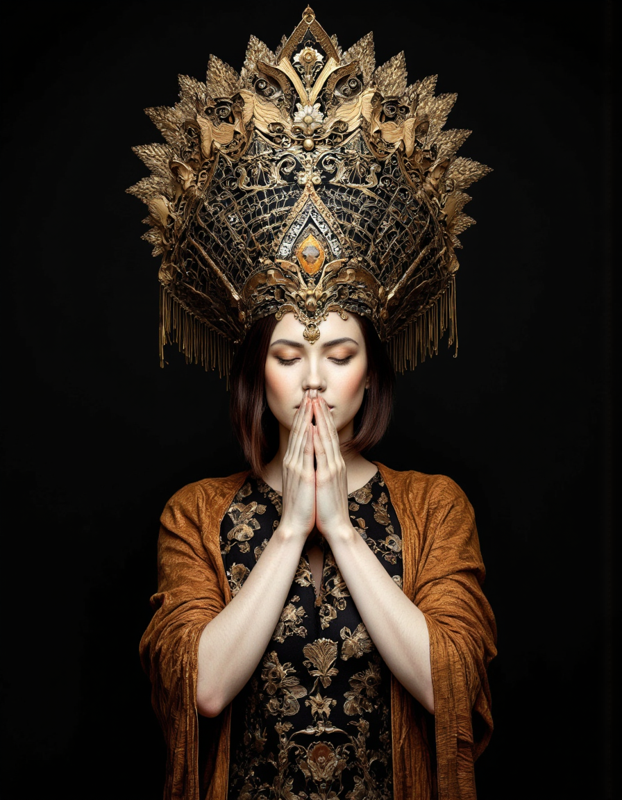 . A photo-realistic shoot from a portrait camera angle about a woman wearing ornate black and gold attire with a large, ornate headdress, set against a dark background. the image also shows dramatic lighting and intricate patterns. on the middle of the image, a woman appears to be in her late 20s, with pale skin, closed eyes, and a serene expression. she is wearing a black dress with intricate gold patterns and a matching shawl draped over her shoulders. her hands are clasped together in front of her face, with one hand resting on her chin. the woman is positioned in the center of the frame, with her upper body facing the viewer and her eyes closed. her hair is styled in a bob cut, and she has a delicate, almost ethereal quality to her face. the overall effect is one of elegance and sophistication, with a focus on the intricate patterns and textures of the headdress and the woman's outfit.