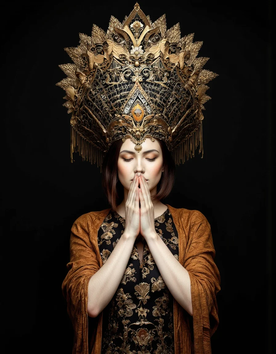 . A photo-realistic shoot from a portrait camera angle about a woman wearing ornate black and gold attire with a large, ornate headdress, set against a dark background. the image also shows dramatic lighting and intricate patterns. on the middle of the image, a woman appears to be in her late 20s, with pale skin, closed eyes, and a serene expression. she is wearing a black dress with intricate gold patterns and a matching shawl draped over her shoulders. her hands are clasped together in front of her face, with one hand resting on her chin. the woman is positioned in the center of the frame, with her upper body facing the viewer and her eyes closed. her hair is styled in a bob cut, and she has a delicate, almost ethereal quality to her face. the overall effect is one of elegance and sophistication, with a focus on the intricate patterns and textures of the headdress and the woman's outfit.