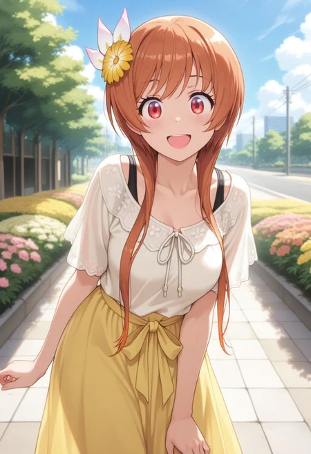 masterpiece,best quality,amazing quality, tachibana marika, orange hair, red eyes, long hair, 1girl, hair ornament, solo, flower, hair flower, open mouth, smile, :d, outdoors