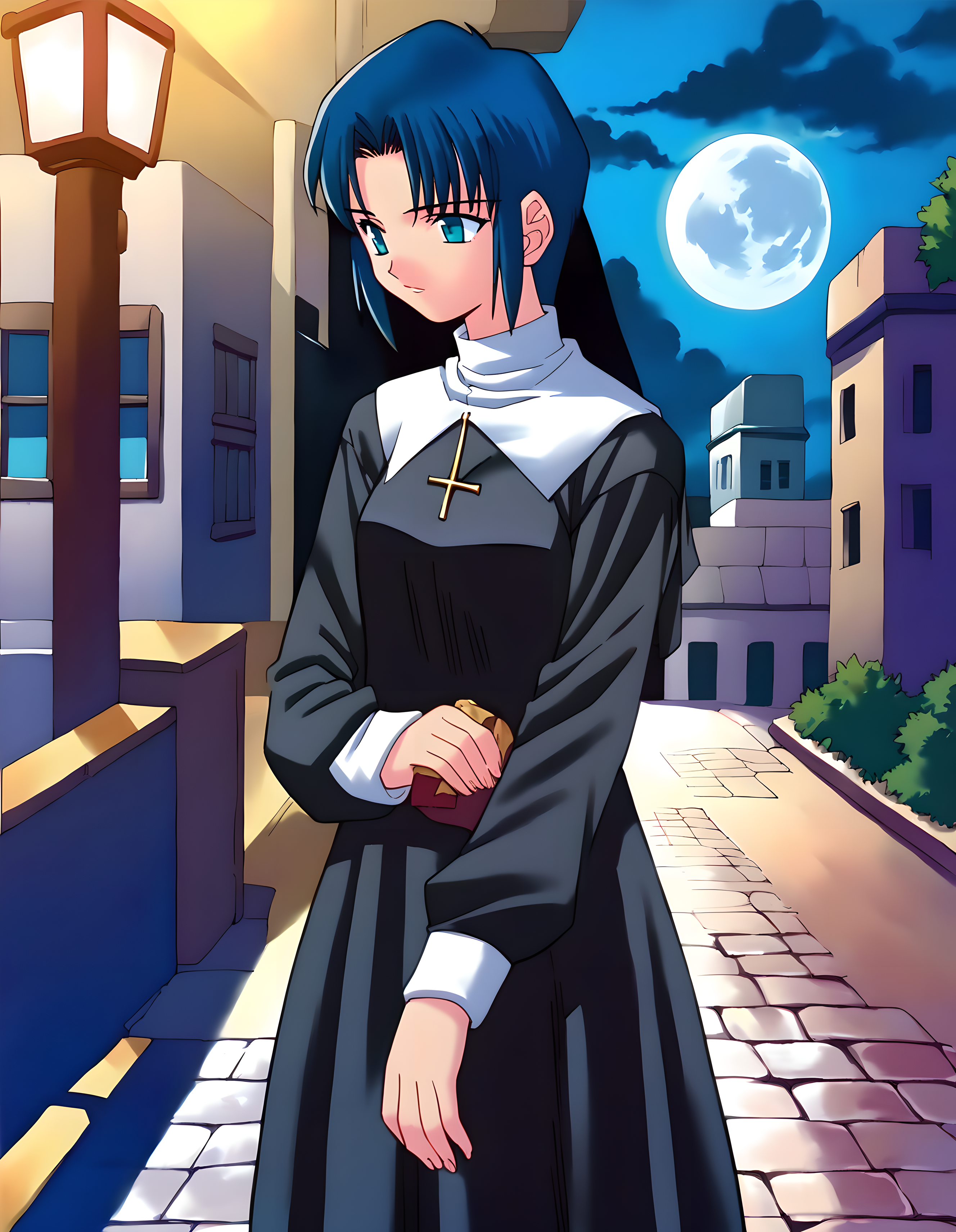 <lora:pony_xl_orig.ciel:0.9>,orig.ciel,score_9,score_8_up,score_7_up,source_anime,best quality,masterpiece,super fine illustration,1girl,solo,nun,dress,long_sleeves,sky,cloud,night,full moon,city,street,cowboy_shot,