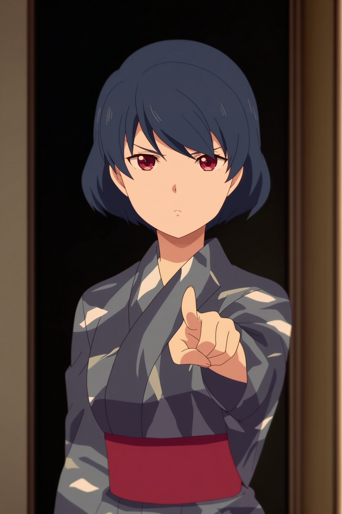 masterpiece, best quality, absurdres, highres, source anime, very aesthetic, BREAK, anime coloring, anime screencap,
 <lora:tachibana_rui_v1-illustrious:1>, 1girl, tachibana rui, domestic na kanojo, pink eyes, blue hair, short hair, 
BREAK, looking at viewer, standing, 
BREAK,âââ   distracted, aloof, oblivious, pointing, __colors__ kimono