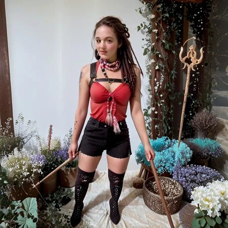 A sexy Caucasian mystical bohemian warrior woman standing with long, side swept, intricate thick brown Jamaican looking dreadlocks adorned with subtle beads and charms. Her look is tribal and futuristic. Her septum is pierced with a golden decorative hoop. She has a leather harness with functional pouches and straps that is worn next to her large bare breasts like suspenders, she has a rainbow-hued scarf that she has around her neck once which hangs down her back toward her waist. She has beautiful pierced nipples. Her perfect natural breasts are large and slightly saggy enhanced by the harness pouches that line her outer body profile. She has super short, very tight black shorts that look painted on and thighhigh black boots that give her a commanding presence. Tattoos adorn her skin, each one glowing faintly with ancient, magical energy. She is the ultimate in beauty. She holds an ornate staff carved from sacred wood, spiraling with intricate patterns. At the top of the staff, rainbow-colored antlers emerge, glowing with bioluminescent hues, and a large crystal radiates a soft, pulsating purple light. The base of the staff is wrapped with mystical artifacts like bones, feathers, and glowing trinkets. bohemian style, bohemian woman, natural ornaments, earthy tones,
boho fashion, flowers, mandalas, colorful, thighhighs, hud_dr3adlocks, 1girl, brunette hair, long hair, dreadlocks, centerfold, Caucasian, KafkaSDXL,1girl,chest harness, black shorts, KUTits