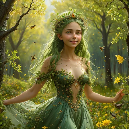 epiCRealism, (masterpiece, extremely detailed, highest quality), the queen of the forest is the most beautiful creature in the woods, cute, sensual, petite with an hourglass figure, wears a see through dress made of tiny interwoven leaves and a crown of flowers, carefree, smiling and happy with beautiful and expressive yellow eyes, open eyes, walking across her glade among flower beds and old oaks and willows, her hair floats behind her catching the wind, her long and green hair is full of small leaves and berries, it is springtime and a storm has just finished leaving trillions of drops, (the air is full of birds, bees, insects and a myriad of small seeds), sunlight, the Sun shines glorious among the heavy stormy clouds sending its rays down to the glade like columns of light