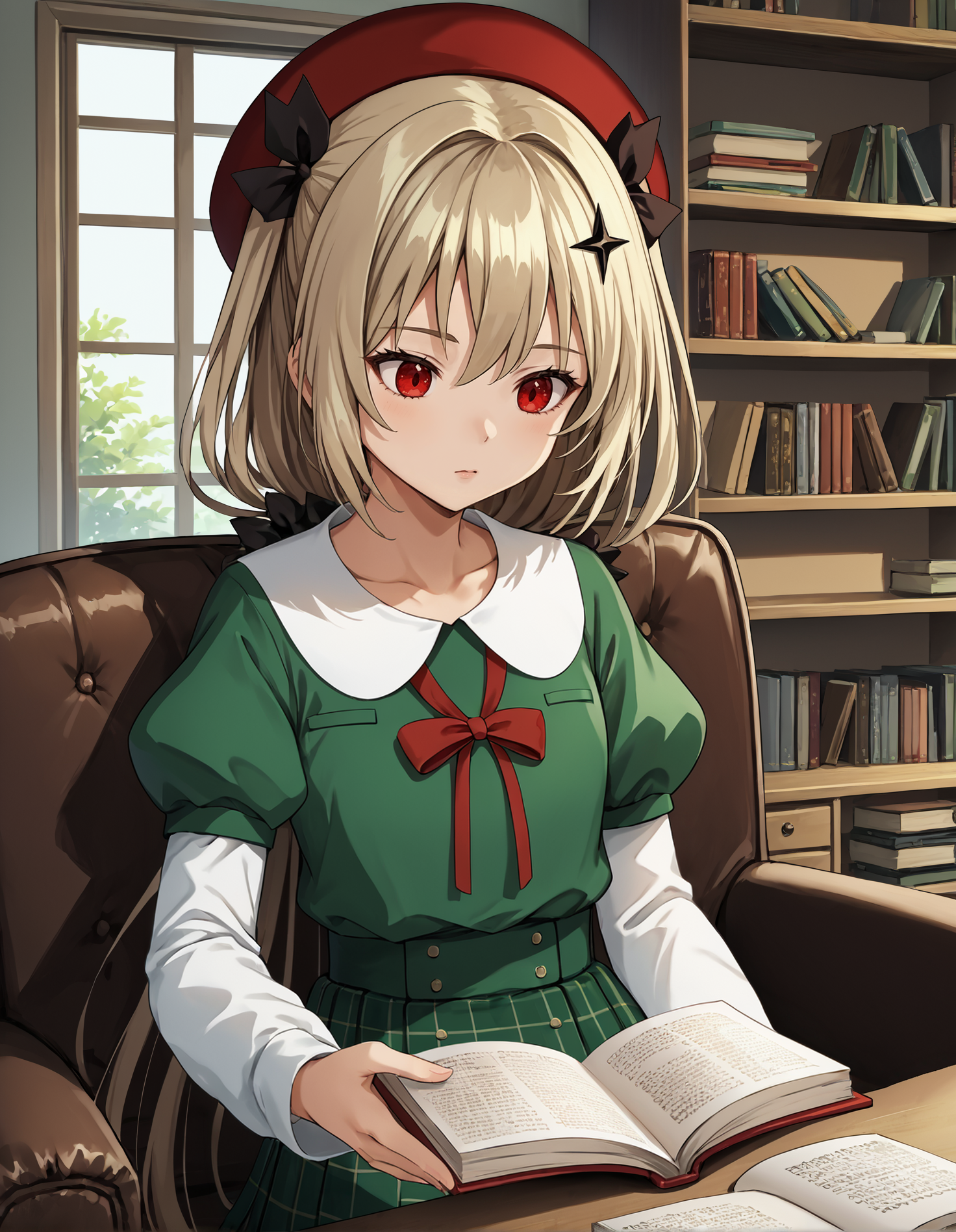 score_9, score_8_up, source_anime, 1girl, upper body, medium shot, detailed, mgrcirinakushu, kshcsl, blonde hair, low ponytail, red eyes, red beret, black hairclips, green shirt, white puritan collar, red neck ribbon, short over long sleeves, juliet sleeves, white sleeves, green pleated skirt, sitting, holding book, reading, indoors, cabinet, armchair, table, <lora:mgrcirinakushu_XL:1>