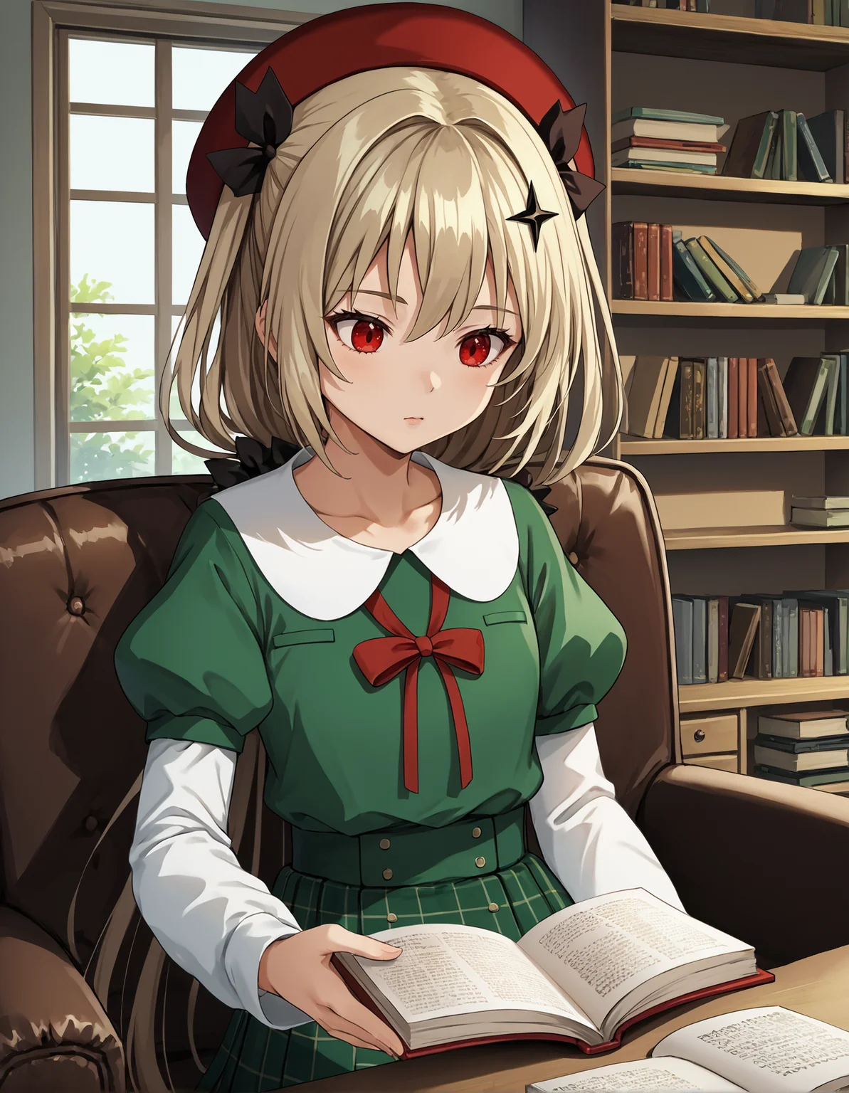 score_9, score_8_up, source_anime, 1girl, upper body, medium shot, detailed, mgrcirinakushu, kshcsl, blonde hair, low ponytail, red eyes, red beret, black hairclips, green shirt, white puritan collar, red neck ribbon, short over long sleeves, juliet sleeves, white sleeves, green pleated skirt, sitting, holding book, reading, indoors, cabinet, armchair, table, <lora:mgrcirinakushu_XL:1>